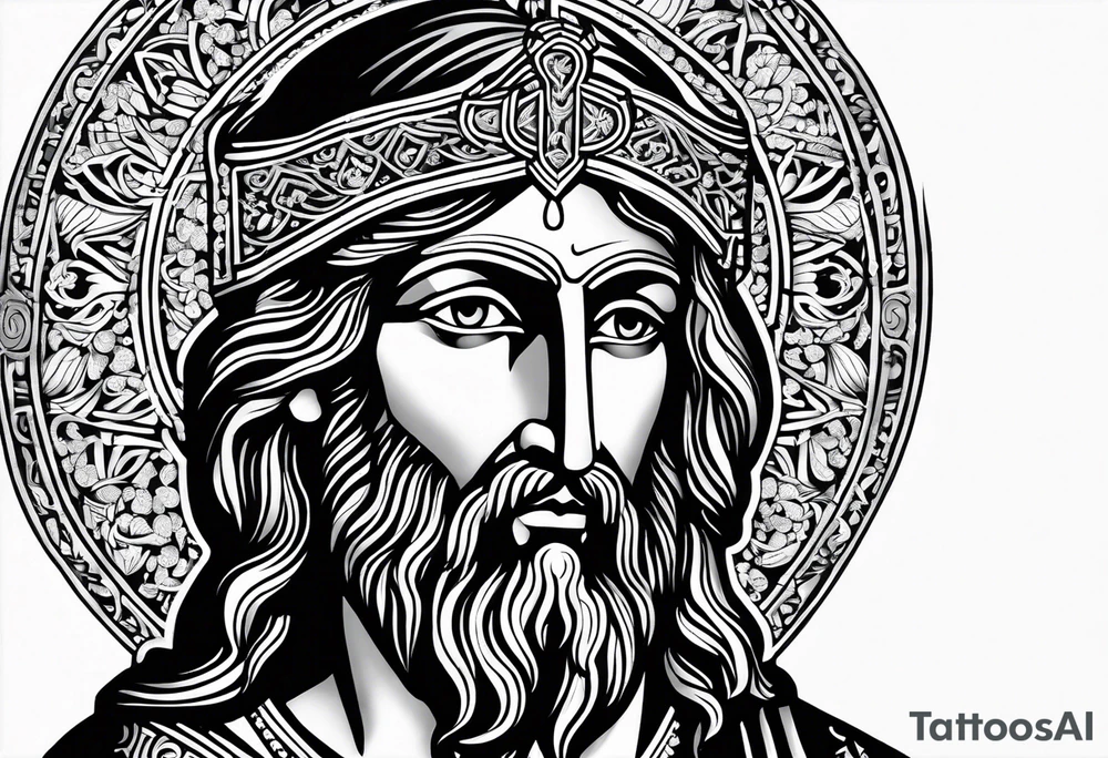 haloed head of a flat stern Byzantine Christ with all-demanding eyes. tattoo idea