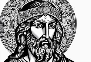 haloed head of a flat stern Byzantine Christ with all-demanding eyes. tattoo idea