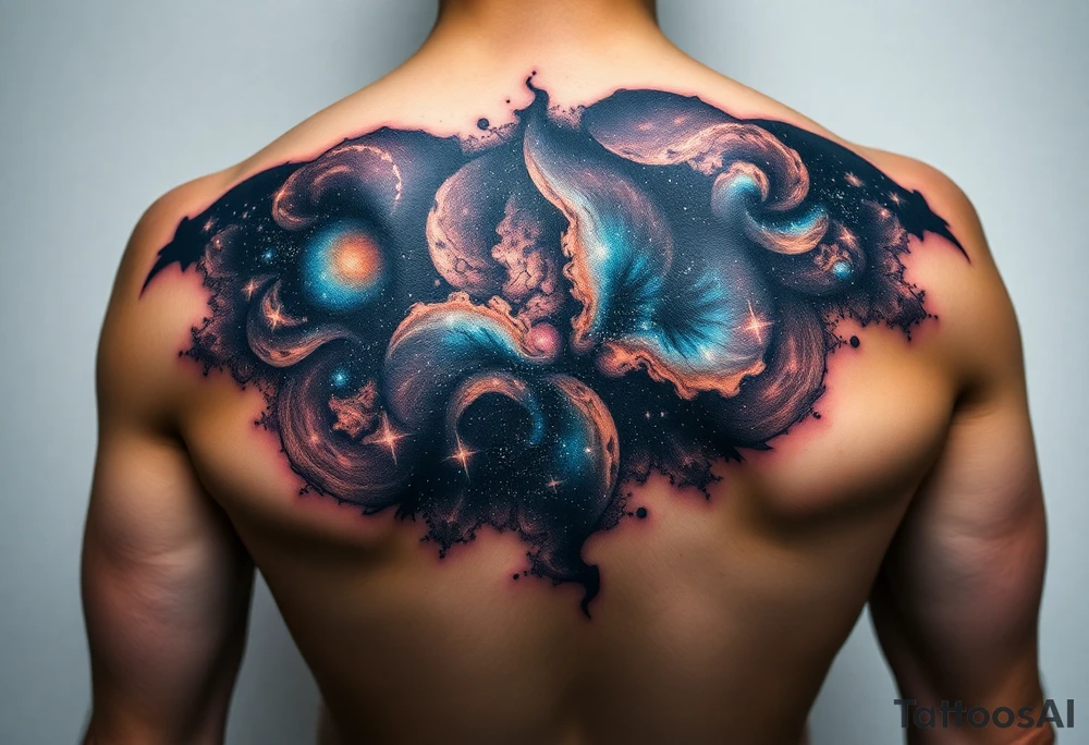 Beautiful and epic 3d milky way that appears to be what is beneath the skin. Make it drape over the shoulder and move to the middle back. use negative spaces to create stars and dust. Keep it symmetrical and focus on the beauty of space tattoo idea