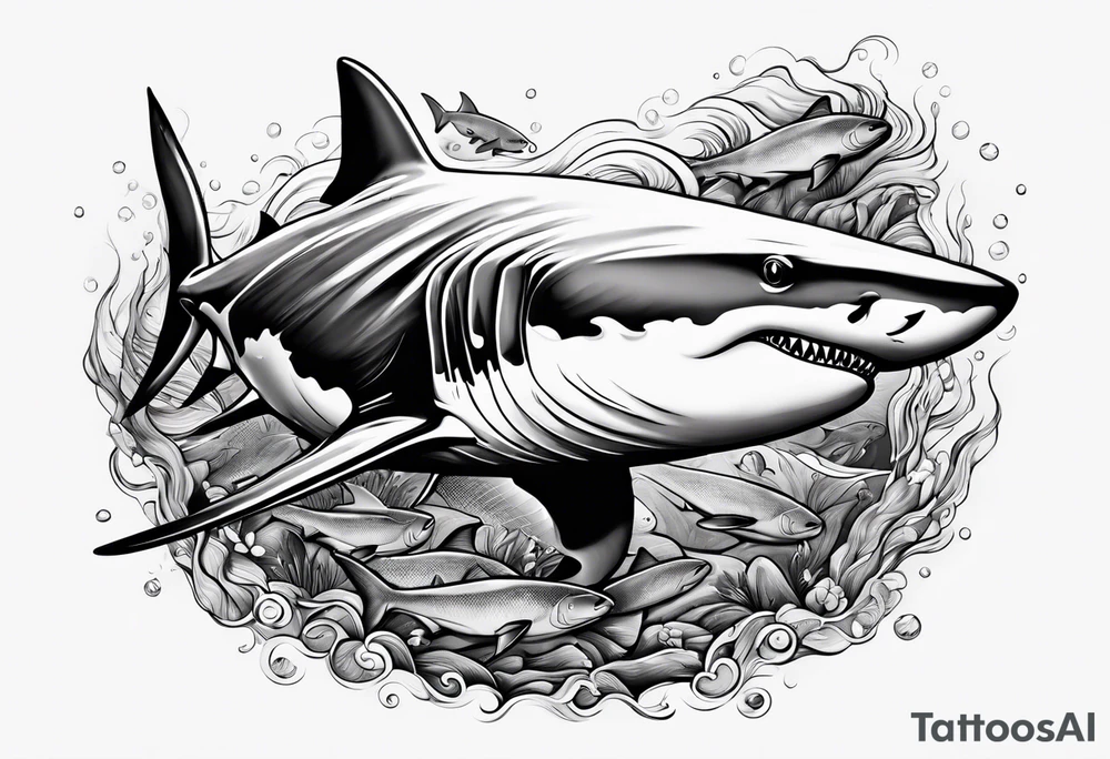 Shark swimming with fish tattoo idea