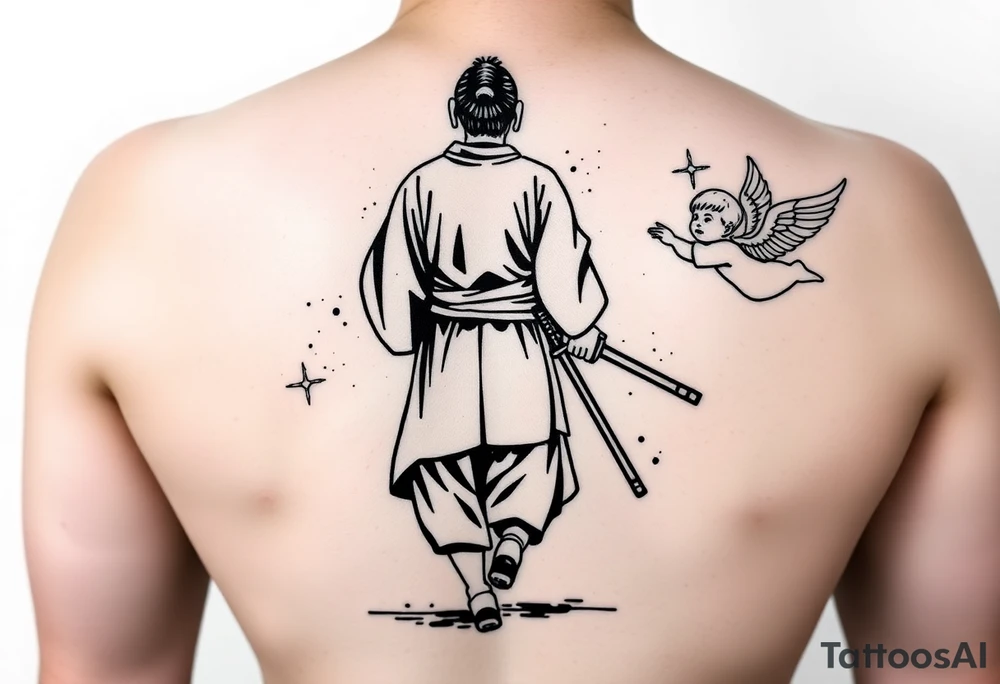 Blackwork tattoo illustration of a samurai walking forward, seen from behind. The samurai wears a traditional kimono and hakama, holding two long katanas in a relaxed but ready pose. To his right, a small child angel with detailed feathered wings floats in the air, gently reaching toward him with an outstretched hand. Strong contrast, dynamic ink splatters, sumi-e brush stroke effects, minimalist white background, dramatic lighting, emotional and symbolic composition, high-detail linework tattoo idea