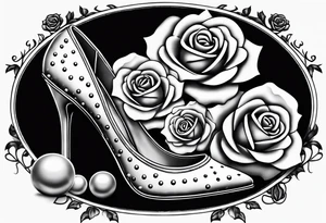 Pearl necklace wrapped around 1950s pinup pumps with roses surrounding tattoo idea