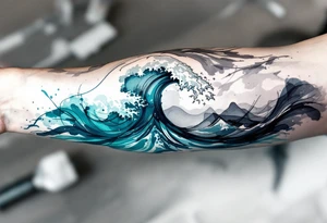 A wave in layered brushstrokes of teal, indigo, and gray mimics a watercolor painting. tattoo idea
