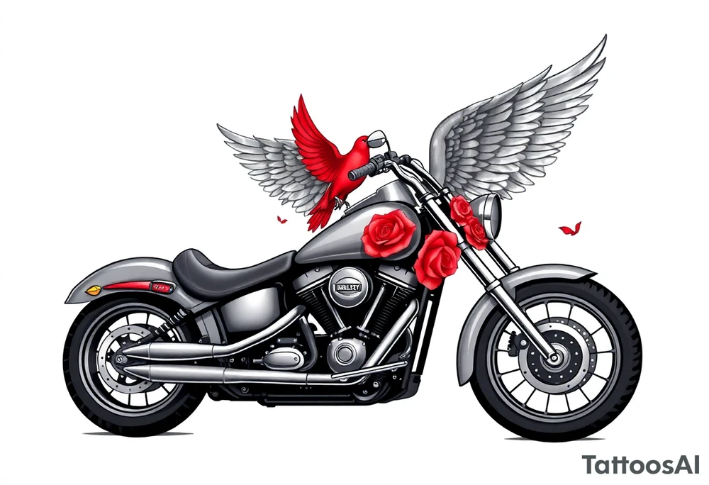 Harley grey motorcycle driving away, two red birds flying, roses, flames, angel wings tattoo idea