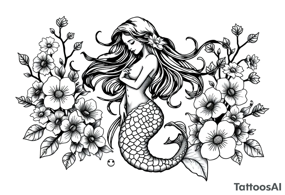 ethereal mermaid with flowing hair among coral and sea flowers tattoo idea