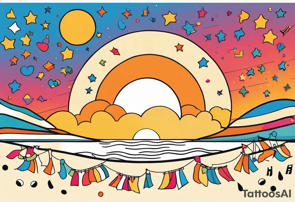 1970'S BEACH PARTY 
party, include confetti, music notes, 
, bikinis sunset in the center tattoo idea