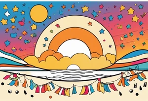 1970'S BEACH PARTY 
party, include confetti, music notes, 
, bikinis sunset in the center tattoo idea