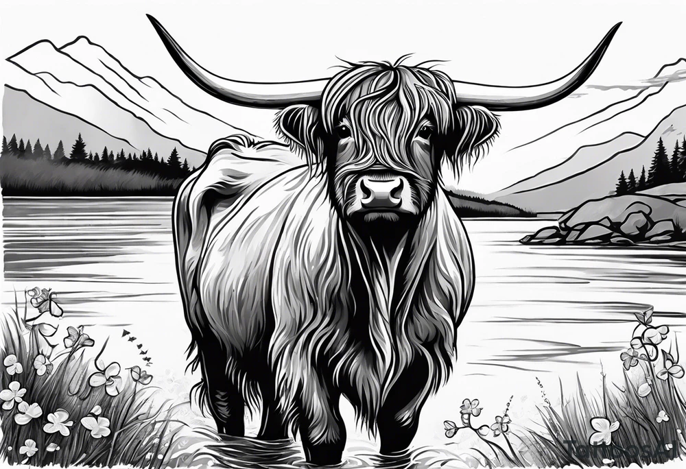 A highland cow that has a bandana with a shamrock around its neck is riding Nessie tattoo idea
