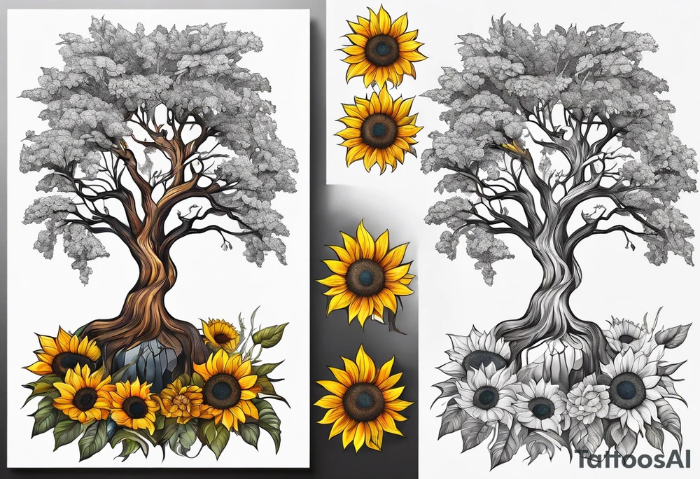 Yggdrasil tree, horse in front of it, and sunflowers tattoo idea