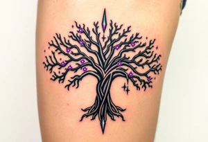 A massive Yggdrasil (Tree of Life) with cosmic roots and glowing veins, its branches stretching into a night sky filled with deep purple and silver stars tattoo idea