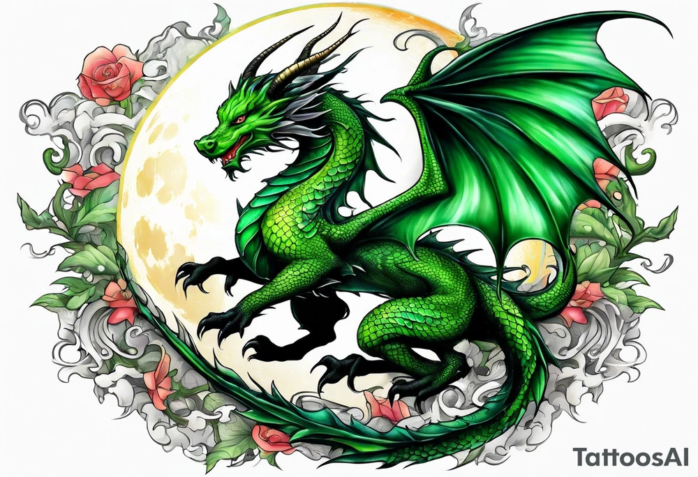 Moon fairy green dragon tattoo idea