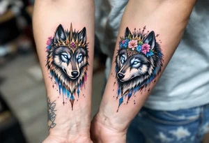A pair of black wolves, one with a spiked crown and one with a floral tiara, eyes glowing icy blue. tattoo idea
