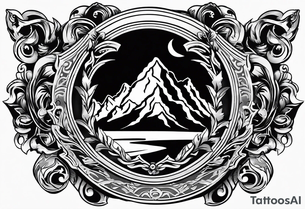 A flaming shield adorned with a mountain tattoo idea