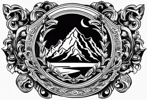 A flaming shield adorned with a mountain tattoo idea