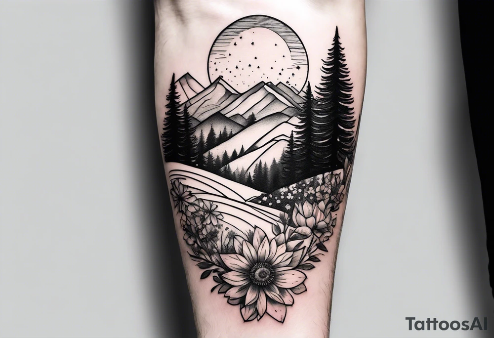 hills, wildflowers, sunshine, small on forearm, fine lines tattoo idea