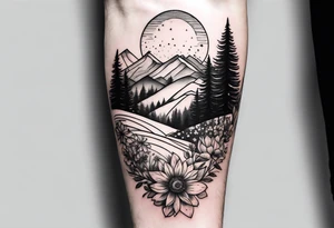hills, wildflowers, sunshine, small on forearm, fine lines tattoo idea