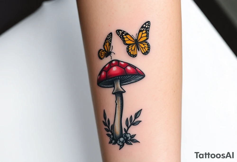 colorful 
mushroom with 2 butterflies above it on your lower inner arm tattoo idea