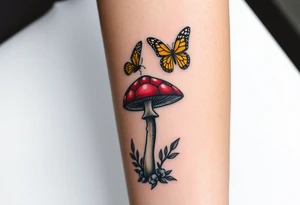 colorful 
mushroom with 2 butterflies above it on your lower inner arm tattoo idea