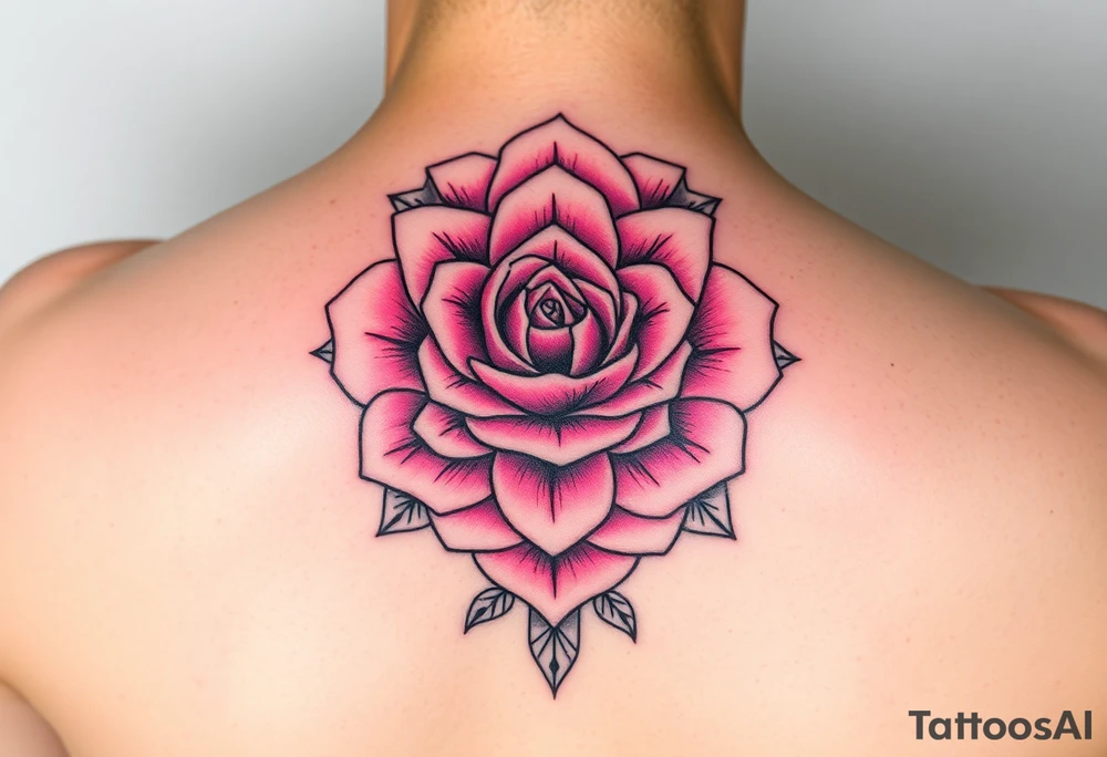 The pink rose blooms in a mesmerizing display of symmetry, its delicate petals unfolding in a kaleidoscope of repeating patterns, where soft blush and vibrant magenta hues seamlessly blend, creating an intricate, fractal-like illusion that shifts and transforms with every glance on a hand tattoo tattoo idea