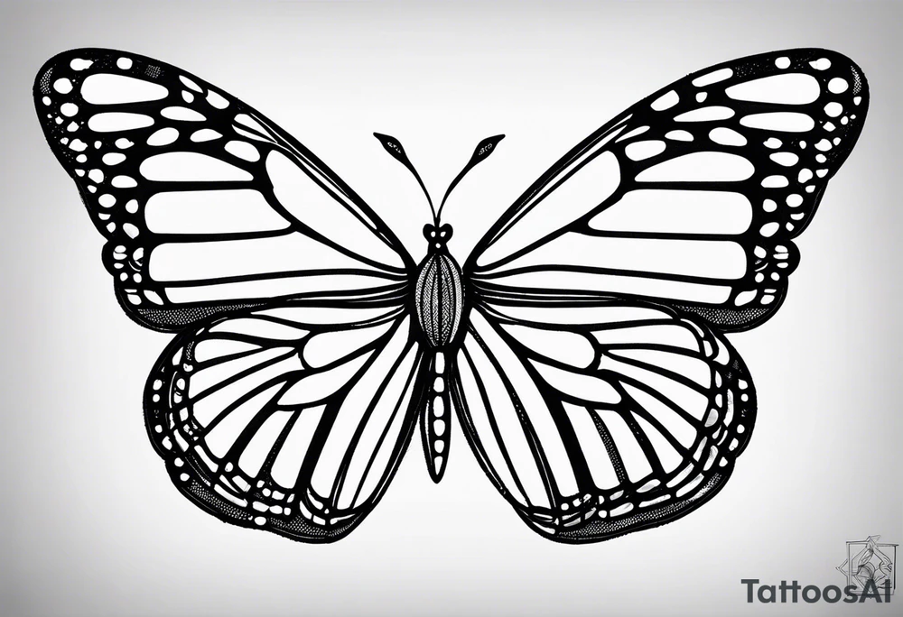 Design a black and white fine line tattoo of a monarch butterfly. The top halves of the wings should be filled with delicate poppy flowers, seamlessly integrated into the wing design. The overall style should be minimalistic and elegant, with clean lines and intricate details. The bottom halves of the wings should remain simple to emphasize the flowers above. tattoo idea