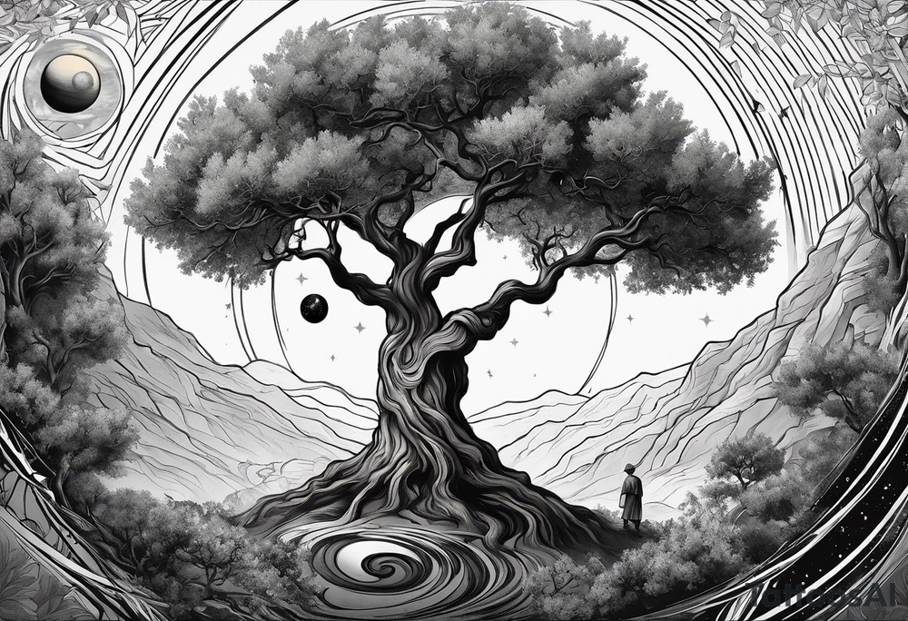 An olive tree in a black hole  with a small Saturn-like planet in in the background. tattoo idea