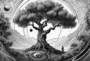 An olive tree in a black hole  with a small Saturn-like planet in in the background. tattoo idea