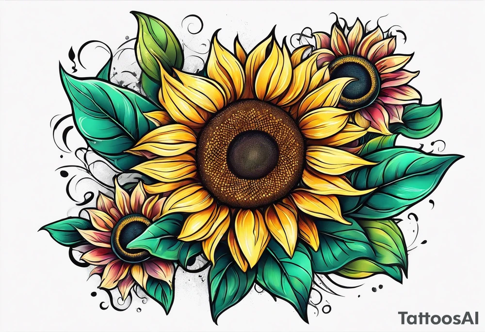 Colorful sunflower arm sleeve tattoo idea