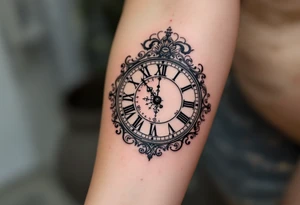 An ornate clock face with a missing hour, representing life's mysteries and unknown destiny. tattoo idea