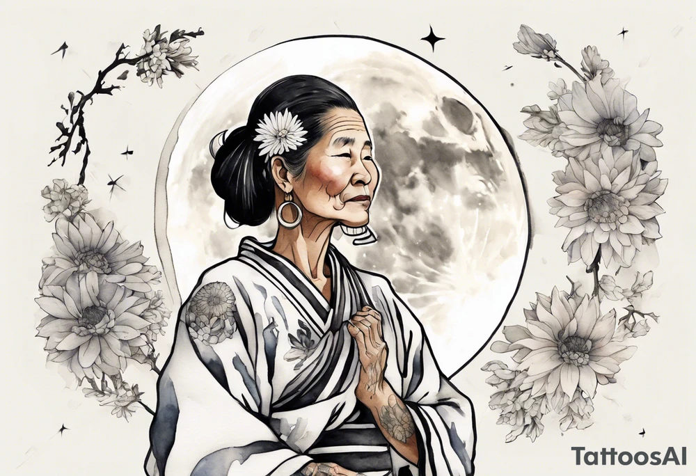 a 50-year-old Anishinaabe woman wearing black and white robes standing on the moon with a chrysanthemum tattoo idea
