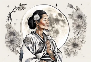 a 50-year-old Anishinaabe woman wearing black and white robes standing on the moon with a chrysanthemum tattoo idea