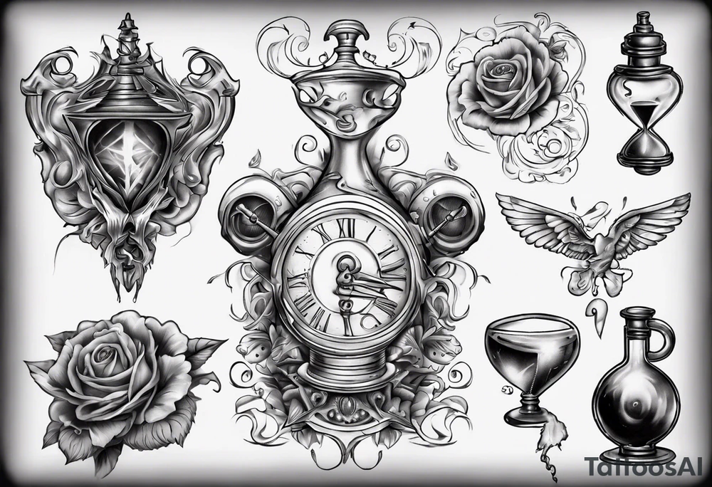 lots of filagree on the chest going onto the shoulder. include an hour glass tattoo idea