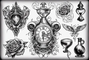 lots of filagree on the chest going onto the shoulder.  include an hour glass tattoo idea
