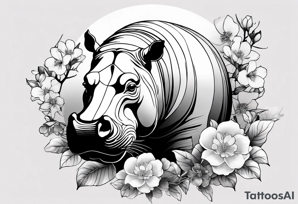 Asymmetrical, geometric, chinese ink art touch, hippo , full moon, wintersweet flower, light , modify from my favourite, s-shape tattoo idea