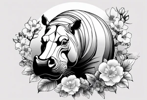 Asymmetrical, geometric, chinese ink art touch, hippo , full moon, wintersweet flower, light , modify from my favourite, s-shape tattoo idea