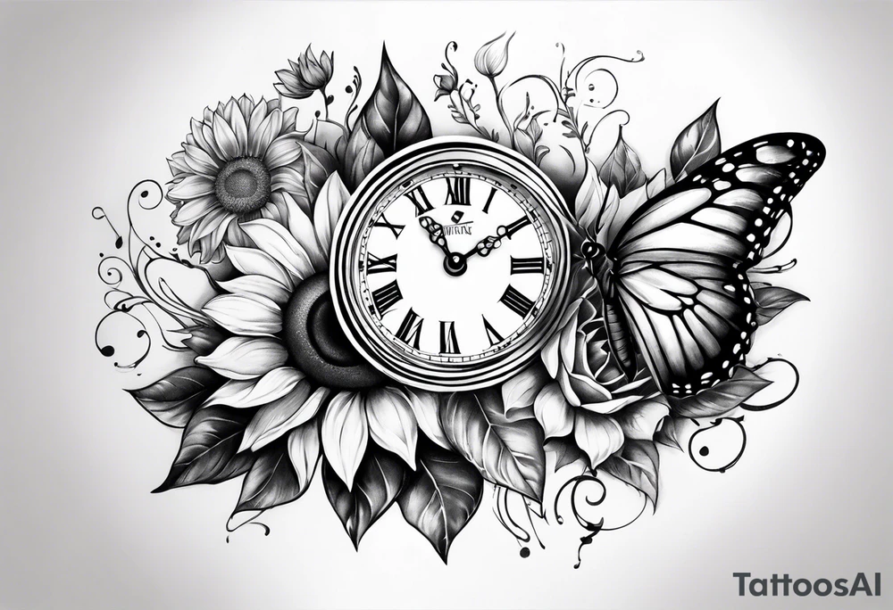 Sleeve with clock, sunflower and butterfly tattoo idea