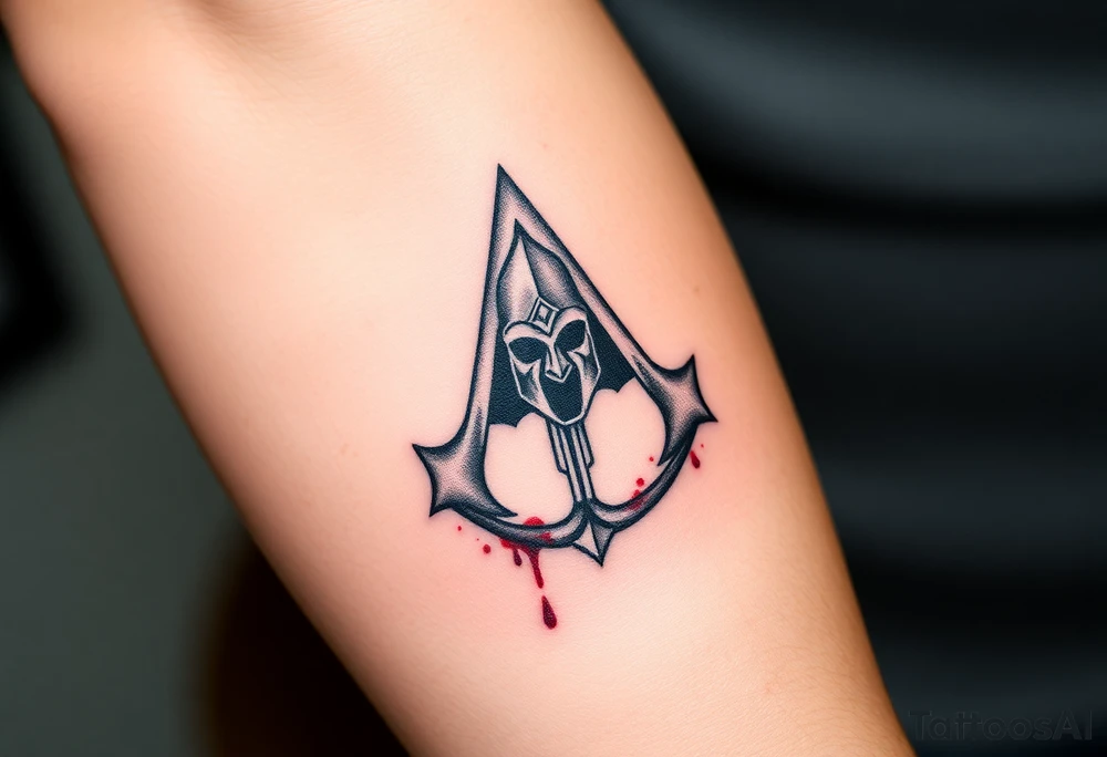 Assassins Creed emblem with gladiator helmet and sword inside and blood splashes incorporated into logo. tattoo idea
