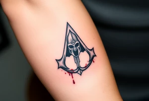 Assassins Creed emblem with gladiator helmet and sword inside and blood splashes incorporated into logo. tattoo idea