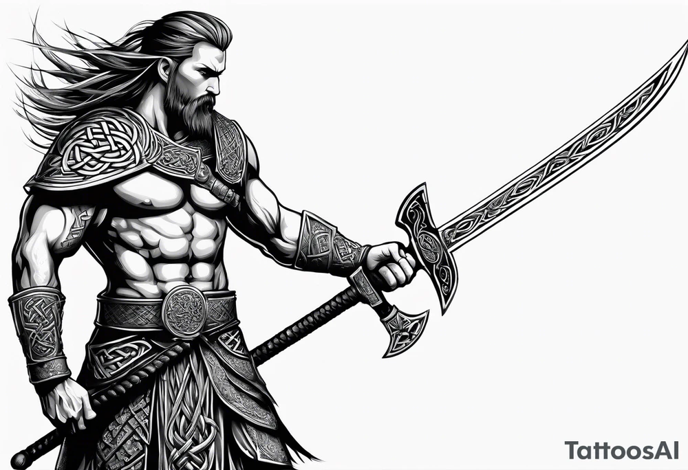 Side full body shot of Celtic warrior with sword and axe. tattoo idea