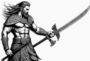 Side full body shot of Celtic warrior with sword and axe. tattoo idea