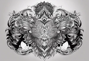 Men's chest tatto with two psychedelic entities facing each other, meaning that only  their sides are visible. Very mininalistic and more abstract rather than realistic tattoo idea