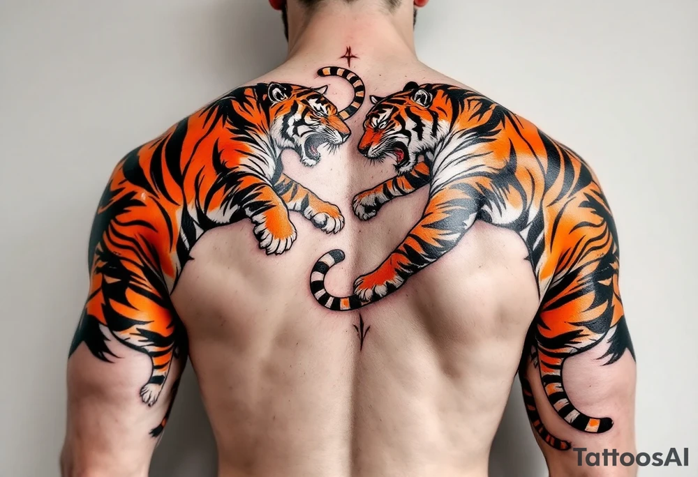 Matching orange and black tiger stripes wrapping around both upper arms tattoo idea
