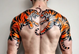 Matching orange and black tiger stripes wrapping around both upper arms tattoo idea