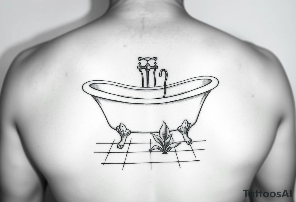 clawfoot bathtub with simple faucet and lily coming up out of the tile floor tattoo idea
