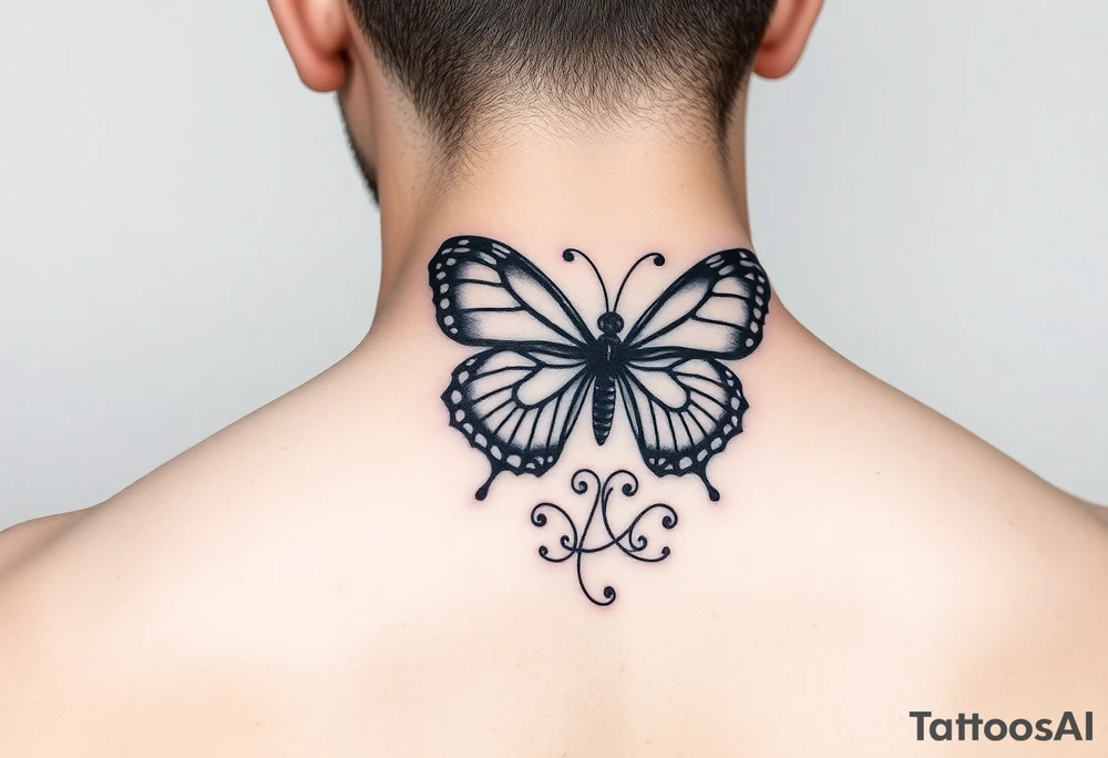 Half butterfly behind ear with swirls tattoo idea