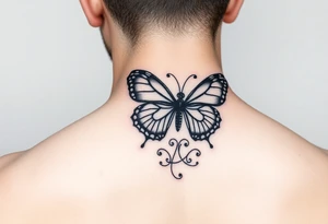 Half butterfly behind ear with swirls tattoo idea