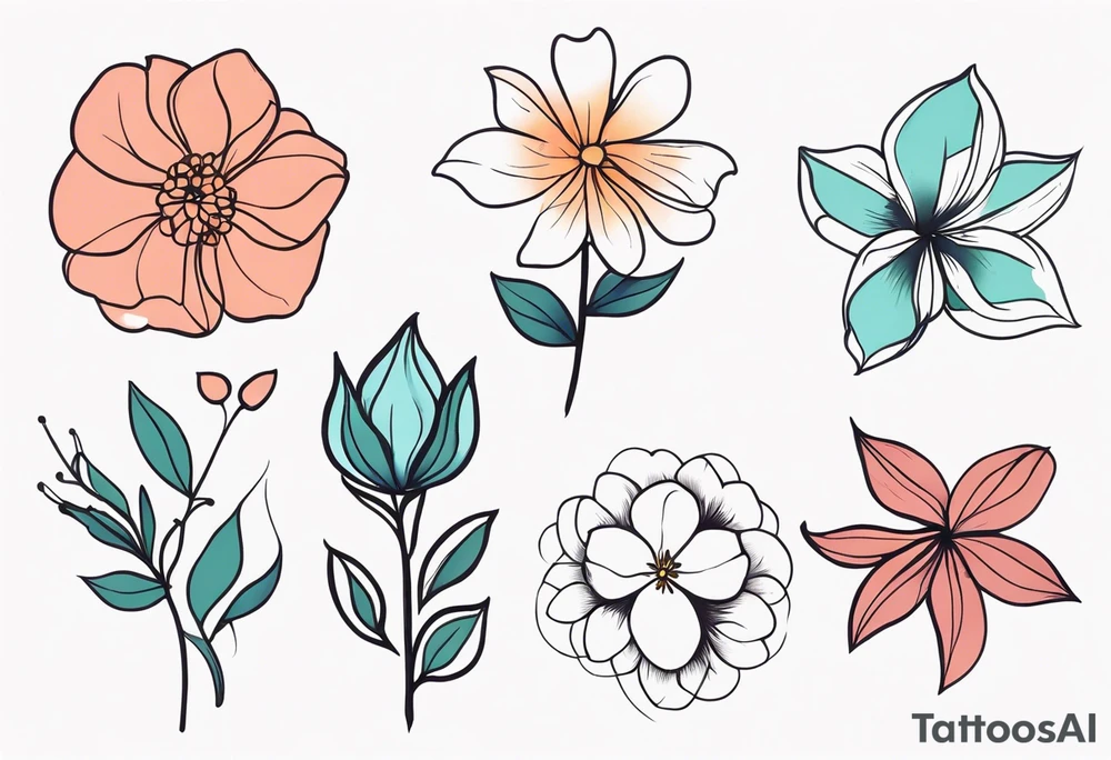 seven different flower tattoo idea