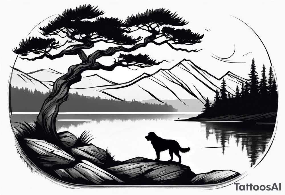 Sleeve tattoo windswept pine tree before lake with low rock face on another side of lake. Mastiff silhouette in foreground. tattoo idea