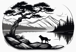 Sleeve tattoo windswept pine tree before lake with low rock face on another side of lake. Mastiff silhouette in foreground. tattoo idea