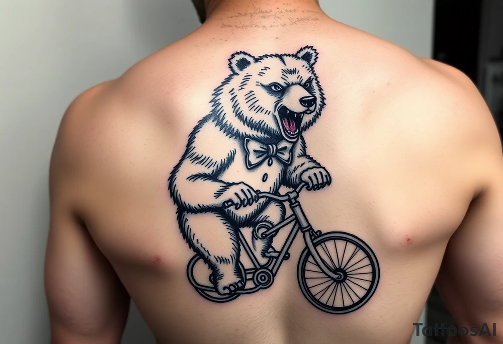 Fierce bear riding a tricycle wearing a bow tie tattoo idea
