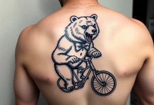 Fierce bear riding a tricycle wearing a bow tie tattoo idea